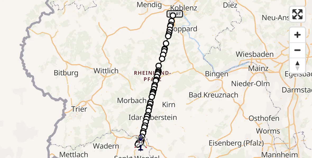 Flugroute Polizeihubschrauber Winningen - Freisen, 09 August 2026, 14:38
