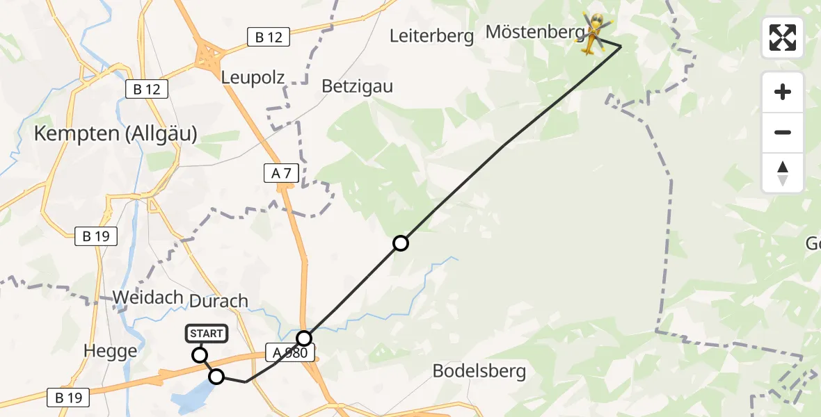 Flugroute Rettungshubschrauber Kempten-Durach Flugplatz - Betzigau, 09 August 2026, 14:41
