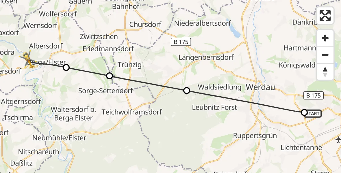 Flugroute Rettungshubschrauber ADAC Air Rescue Station Zwickau Hubschrauberlandeplatz - Berga-Wünschendorf, 09 August 2026, 14:43