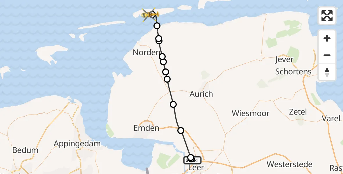 Flugroute Ambulanzhubschrauber Flugplatz Leer-Papenburg - Norderney Flughafen, 09 August 2026, 14:44