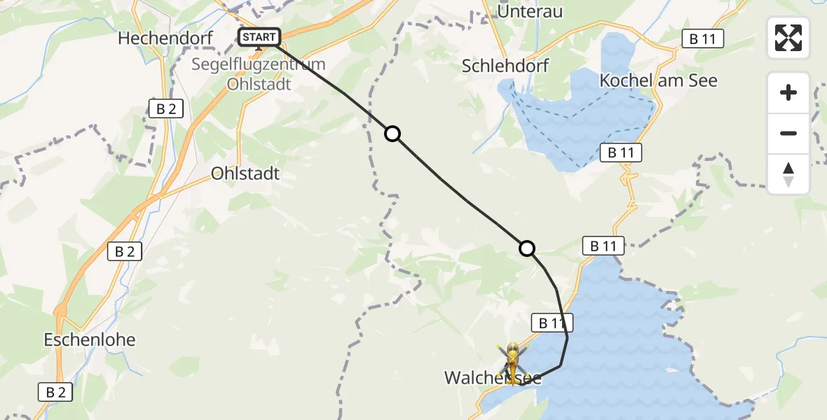 Flugroute Rettungshubschrauber Ohlstadt - Kochel a.See, 09 August 2026, 14:49