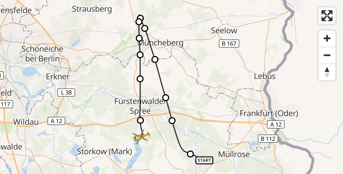 Flugroute Rettungshubschrauber Ragow-Merz - Bad Saarow, 09 August 2026, 14:49