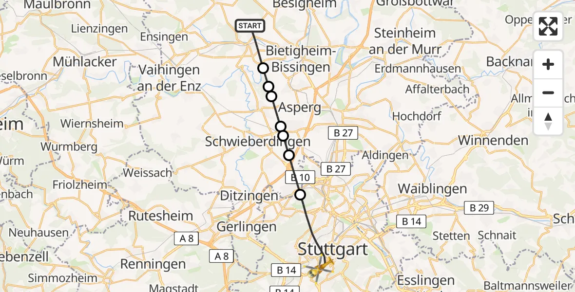 Flugroute Rettungshubschrauber Sachsenheim - Stuttgart, 09 August 2026, 14:50