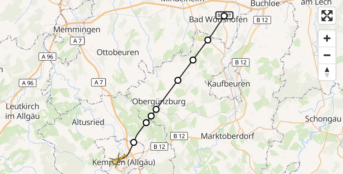 Flugroute Rettungshubschrauber Bad Wörishofen (Nord) Flugplatz - Kempten (Allgäu), 09 August 2026, 14:53