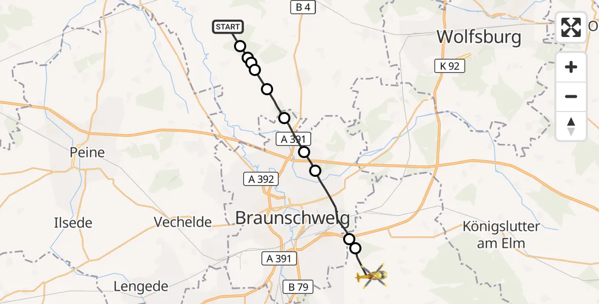 Flugroute Rettungshubschrauber Leiferde - Sickte, 09 August 2026, 14:53