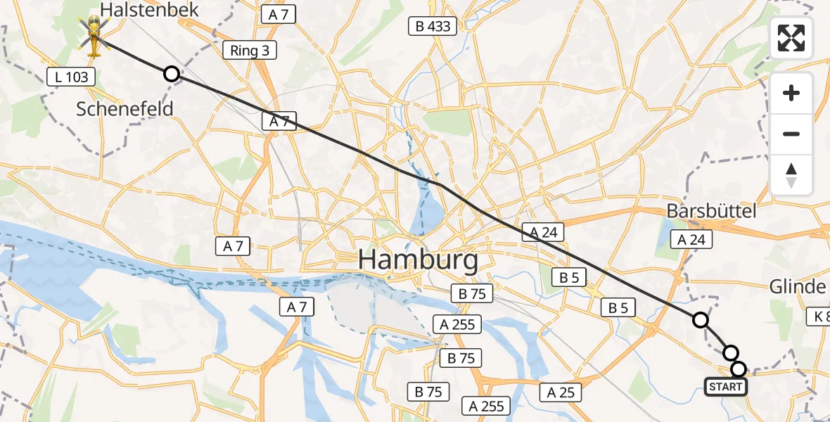 Flugroute Ambulanzhubschrauber Christoph Hansa ADAC Hubschrauberlandeplatz - Halstenbek, 09 August 2026, 14:54