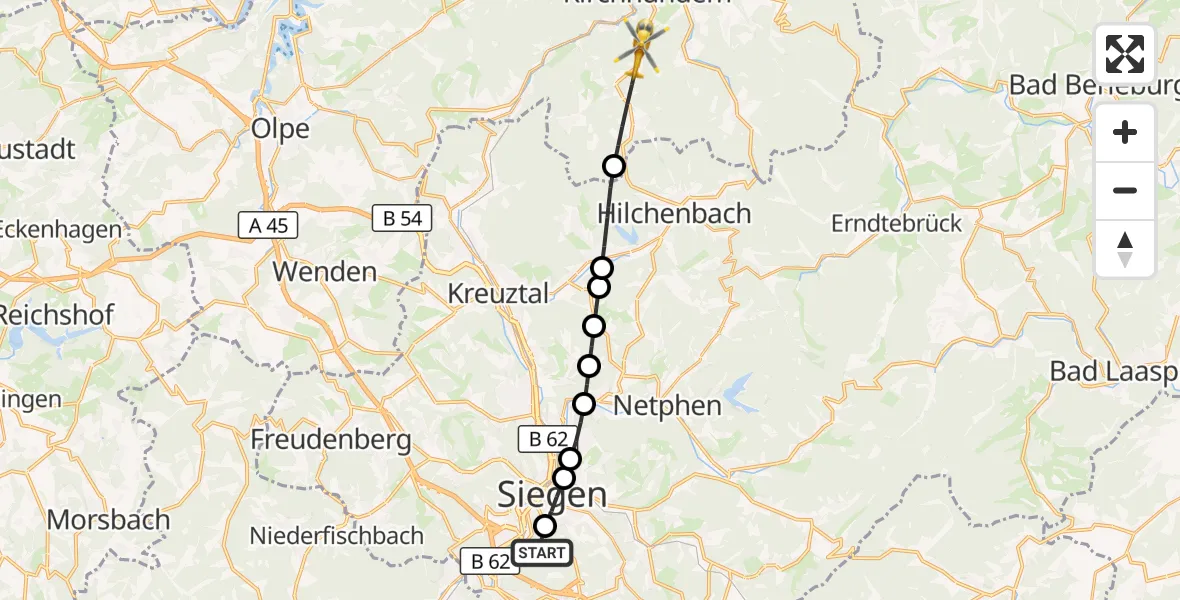 Flugroute Rettungshubschrauber Evangelisches Jung-Stilling Hospital - Kirchhundem, 09 August 2026, 14:55