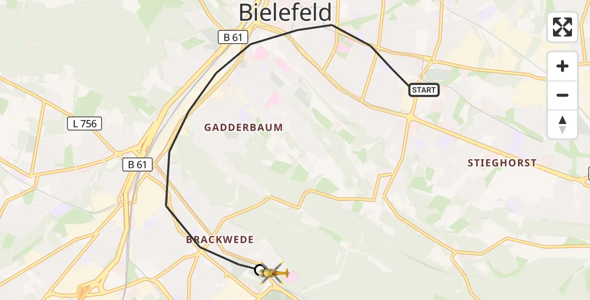 Flugroute Rettungshubschrauber Bielefeld - Luftrettungszentrum Bielefeld, 09 August 2026, 14:56