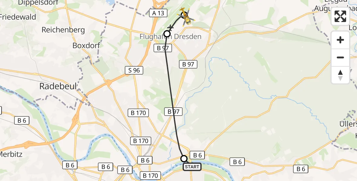 Flugroute Rettungshubschrauber Dresden Elbwiesen Hubschrauberlandeplatz - Dresden Bundespolizei Hubschrauberlandeplatz, 09 August 2026, 14:58