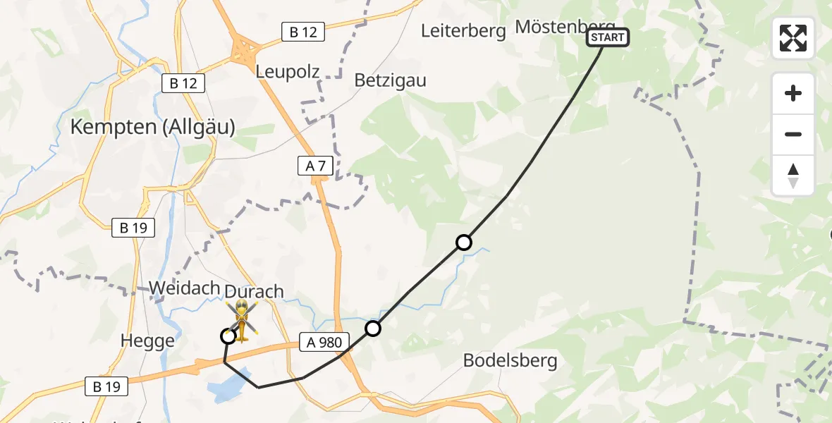 Flugroute Rettungshubschrauber Betzigau - Kempten-Durach Flugplatz, 09 August 2026, 14:59