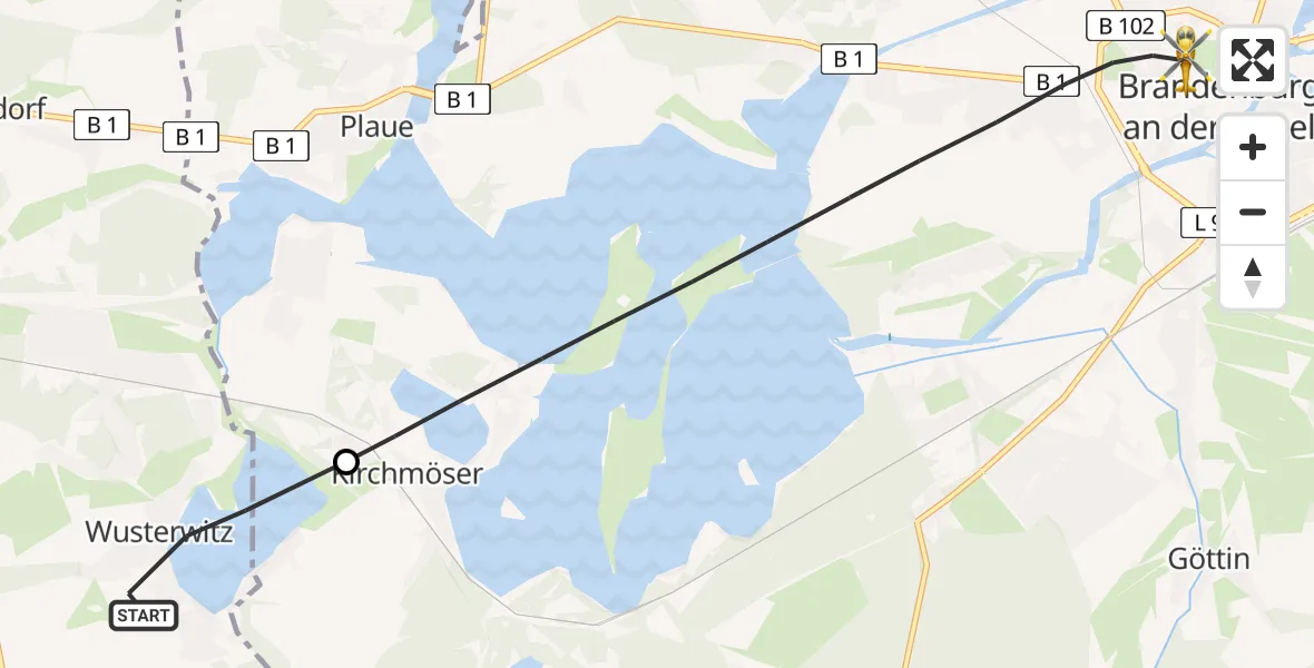Flugroute Rettungshubschrauber Wusterwitz - Brandenburg an der Havel, 09 August 2026, 14:59