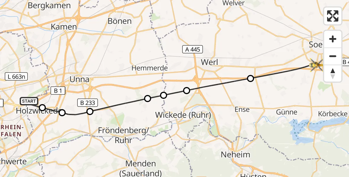 Flugroute Rettungshubschrauber Dortmund Flughafen - Soest, 09 August 2026, 15:01