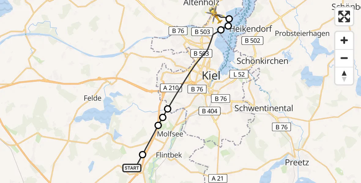 Flugroute Rettungshubschrauber Blumenthal - Kiel-Holtenau Flughafen, 09 August 2026, 15:01