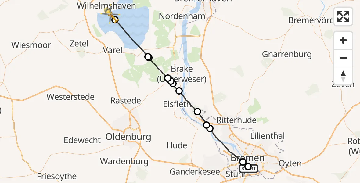 Flugroute Rettungshubschrauber Bremen - Wilhelmshaven, 09 August 2026, 15:04