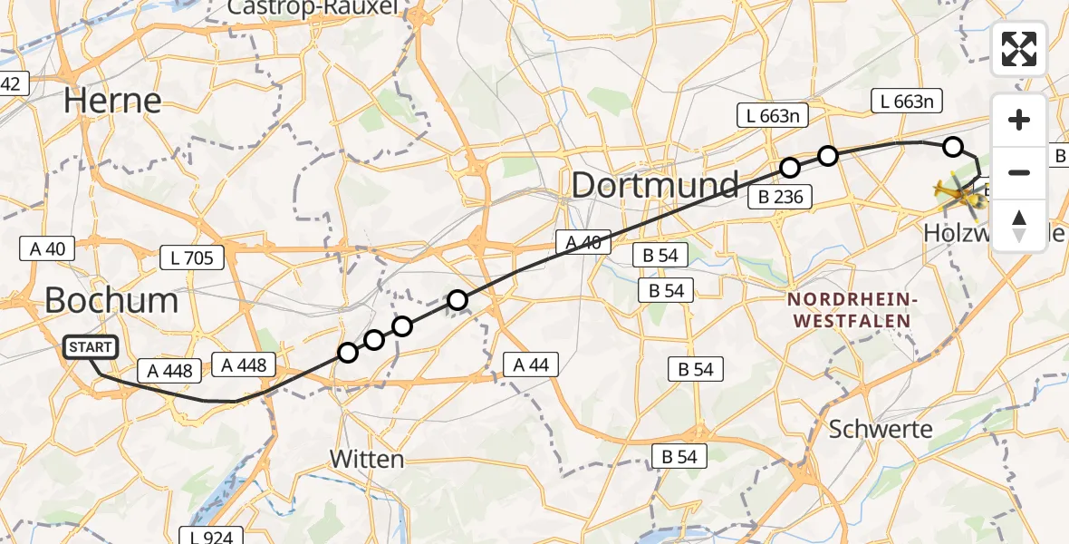 Flugroute Rettungshubschrauber Bochum - Dortmund Flughafen, 09 August 2026, 15:07