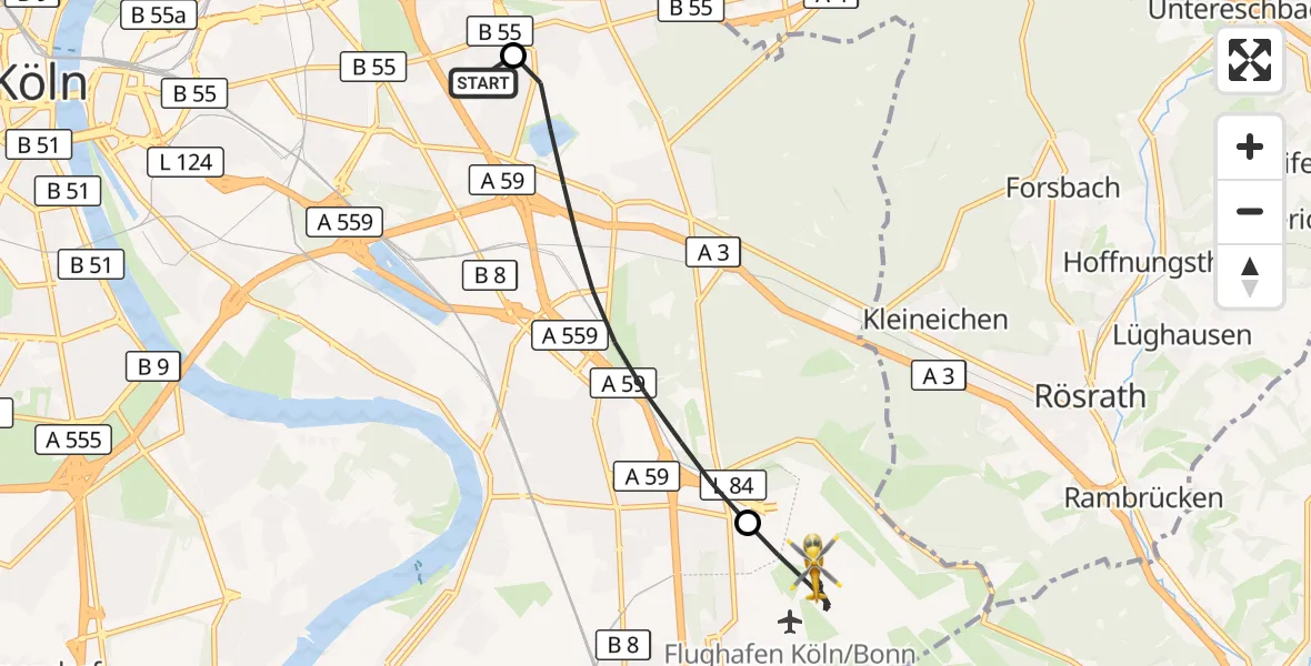 Flugroute Rettungshubschrauber Merheim Hospital - Köln Bonn Flughafen, 09 August 2026, 15:08