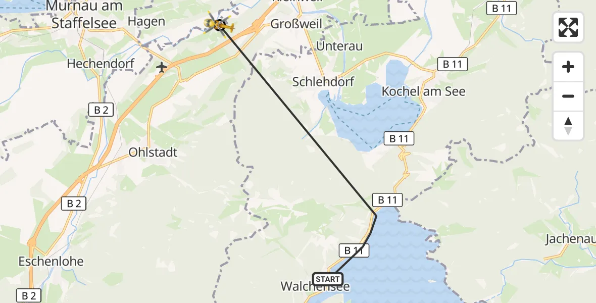 Flugroute Rettungshubschrauber Kochel a.See - Großweil, 09 August 2026, 15:10