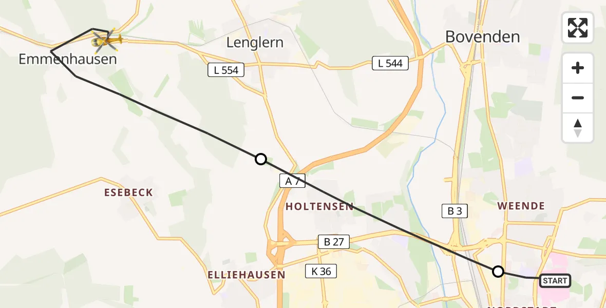 Flugroute Rettungshubschrauber Göttingen University Clinic Hubschrauberlandeplatz - Bovenden, 09 August 2026, 15:14
