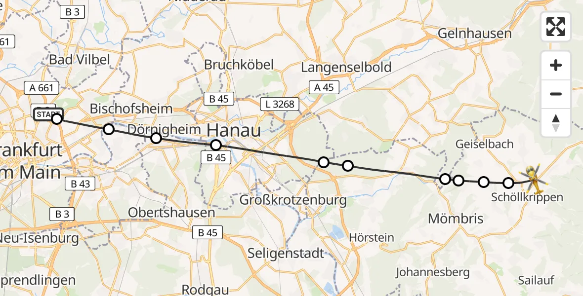Flugroute Rettungshubschrauber Frankfurt am Main Accident Hospital Roof Helipad (CHX2) - Schöllkrippen, 09 August 2026, 15:14