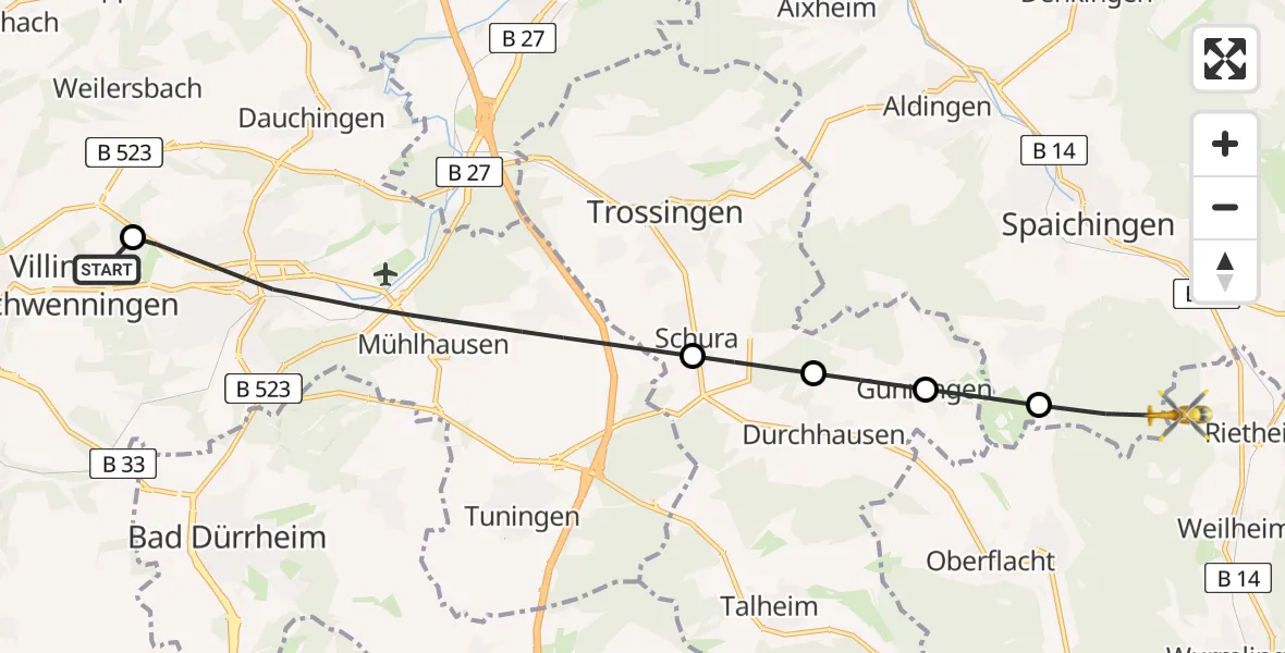 Flugroute Ambulanzhubschrauber DRF Air Rescue Station Villingen-Schwenningen Hubschrauberlandeplatz (Christoph 11) - Rietheim-Weilheim, 09 August 2026, 15:16