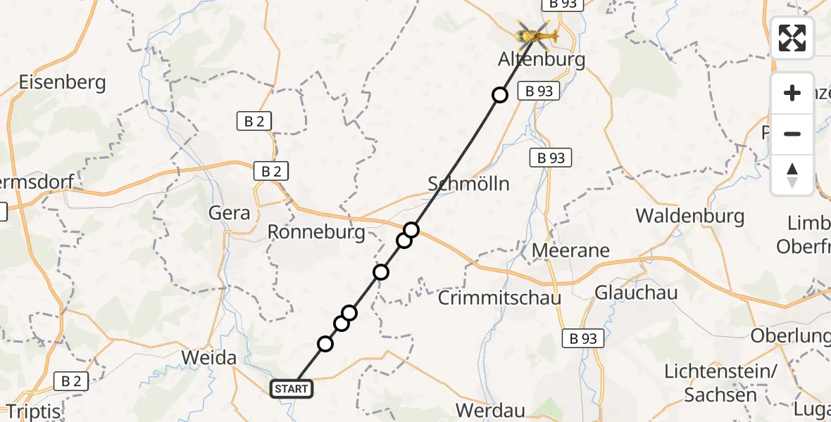Flugroute Rettungshubschrauber Berga-Wünschendorf - Altenburg, 09 August 2026, 15:18