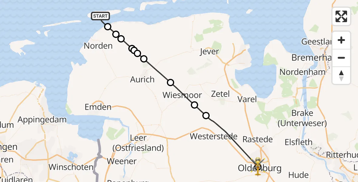 Flugroute Ambulanzhubschrauber Noordzee - Oldenburg (Oldb), 09 August 2026, 15:18