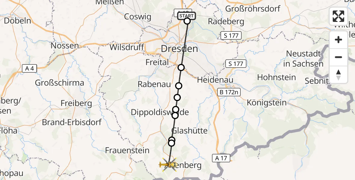 Flugroute Rettungshubschrauber Dresden Flughafen - Altenberg, 09 August 2026, 15:22
