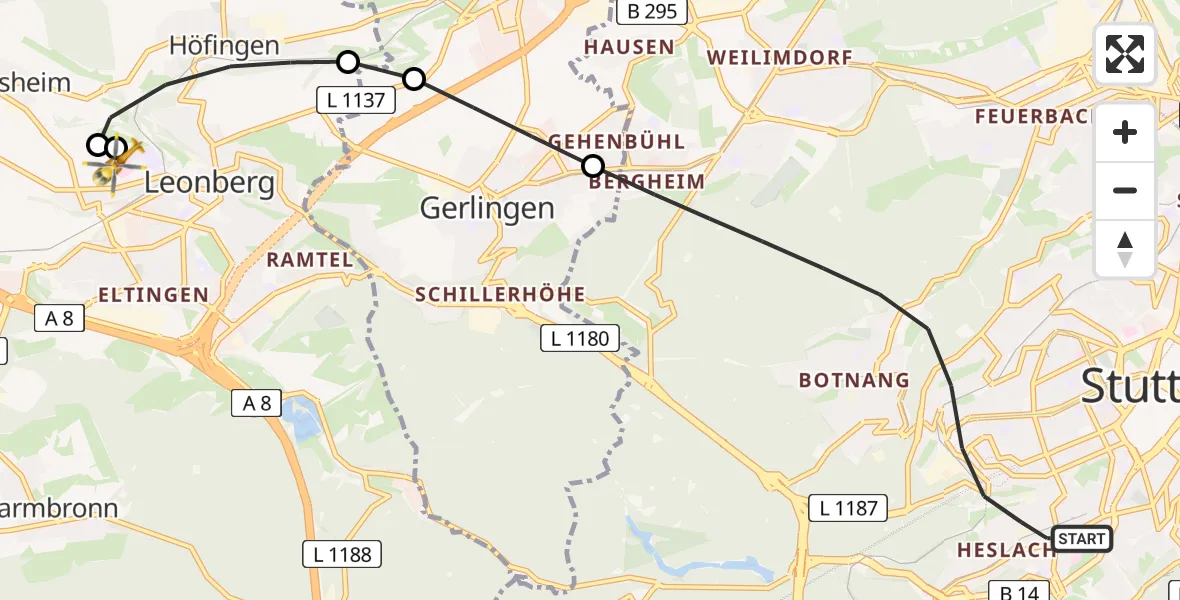 Flugroute Rettungshubschrauber Stuttgart - Leonberg Hospital, 09 August 2026, 15:23
