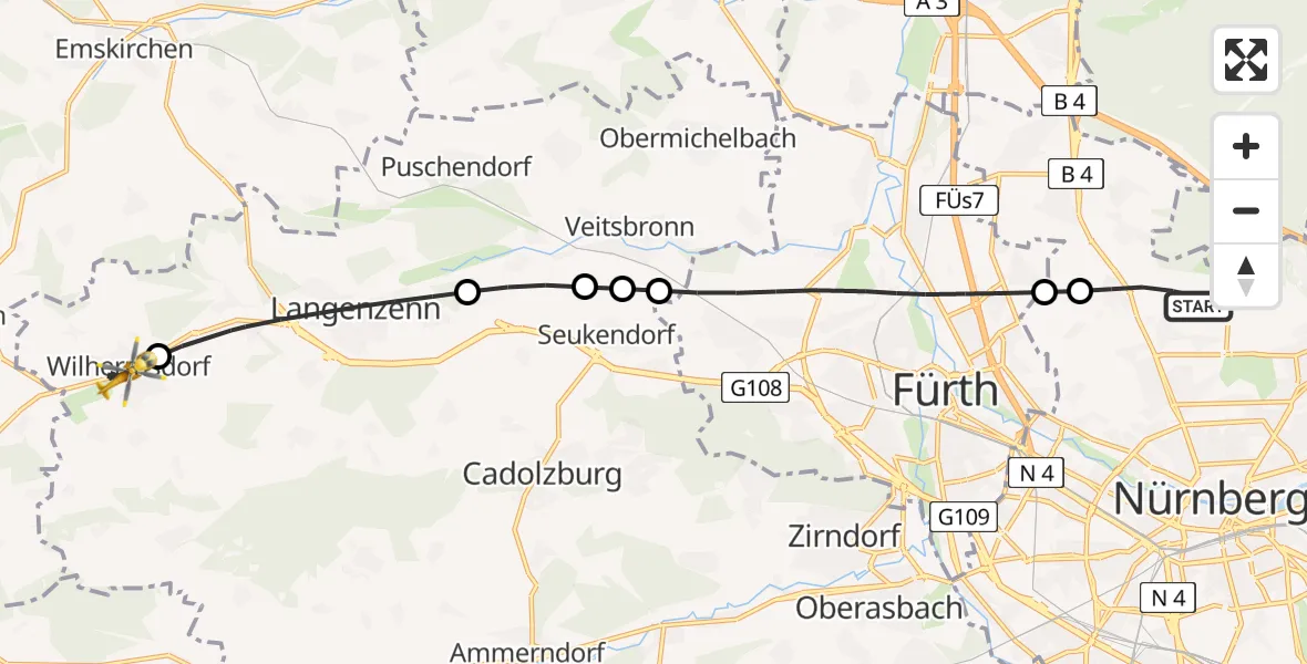 Flugroute Ambulanzhubschrauber Flughafen Nuremberg - Wilhermsdorf, 09 August 2026, 15:26