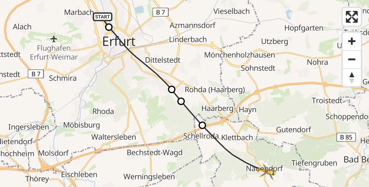 Flugroute Ambulanzhubschrauber Helios Clinic Erfurt - Nauendorf, 09 August 2026, 15:33