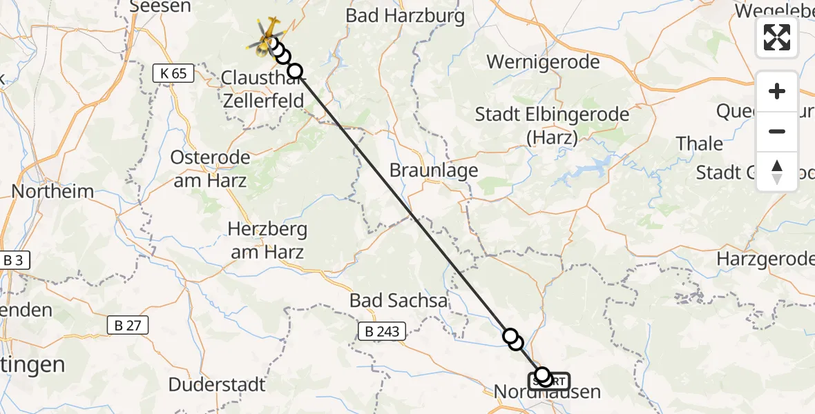Flugroute Rettungshubschrauber Südharz Hospital Nordhausen - Goslar, 09 August 2026, 15:35