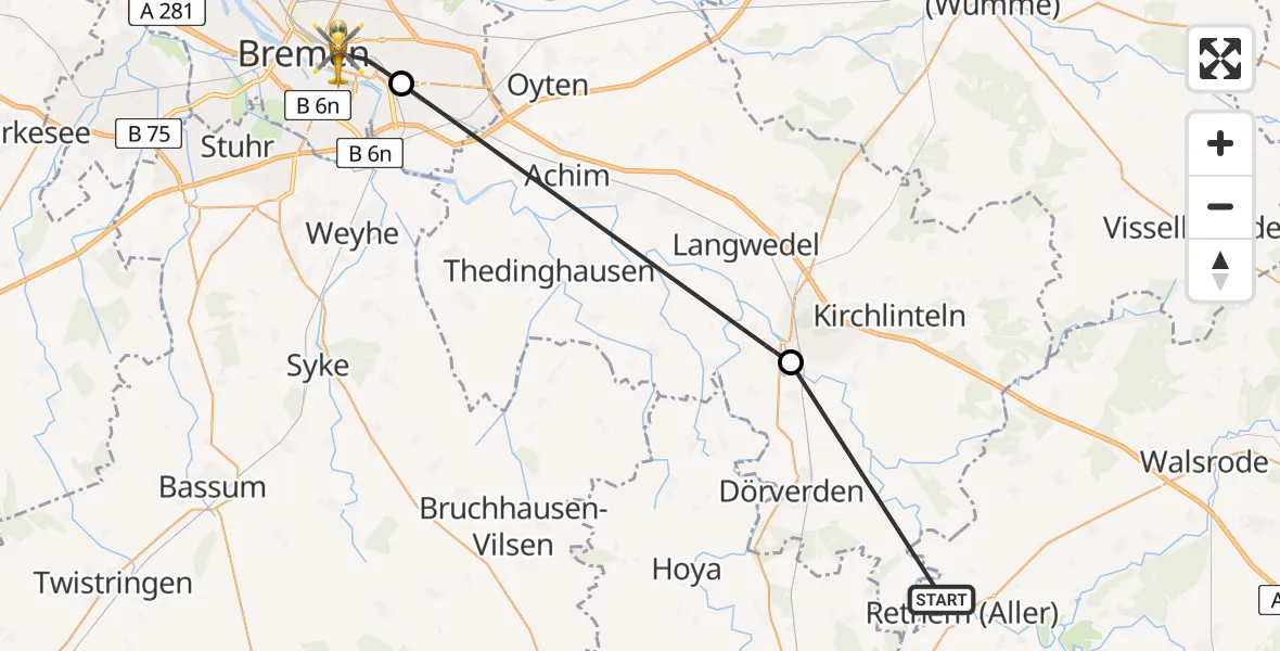 Flugroute Rettungshubschrauber Rethem (Aller) - Bremen, 09 August 2026, 15:35