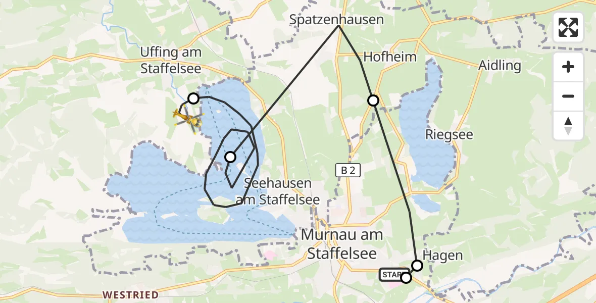 Flugroute Rettungshubschrauber Murnau Accident Hospital - Uffing a.Staffelsee, 09 August 2026, 15:37