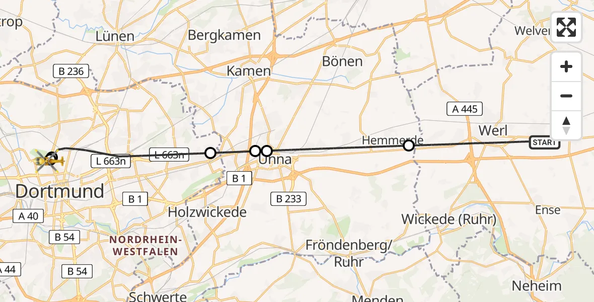 Flugroute Rettungshubschrauber Werl - Dortmund Hospital North, 09 August 2026, 15:46