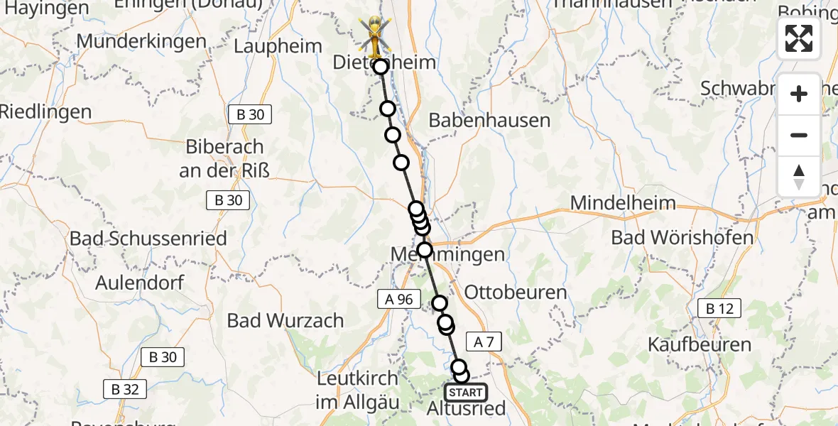 Flugroute Rettungshubschrauber Altusried - Dietenheim, 09 August 2026, 15:46