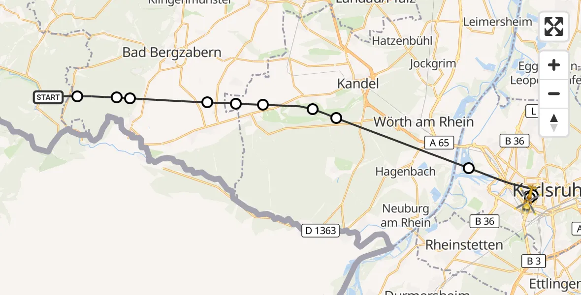 Flugroute Ambulanzhubschrauber Bobenthal - Sankt Vincentius Hospital, 09 August 2026, 15:52