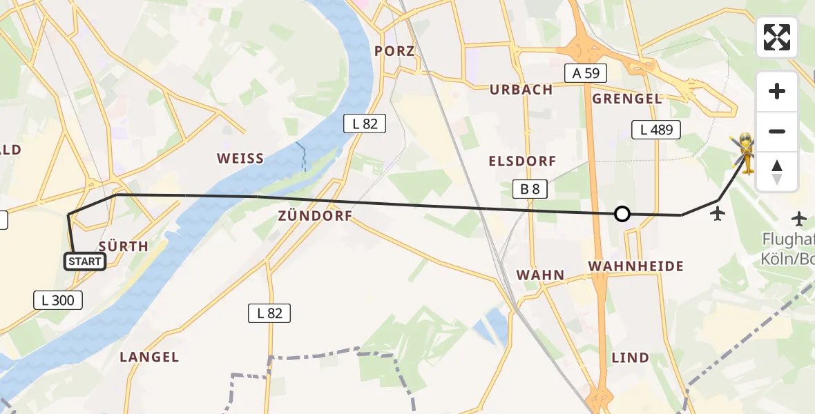 Flugroute Ambulanzhubschrauber Köln - Köln Bonn Flughafen, 09 August 2026, 15:52
