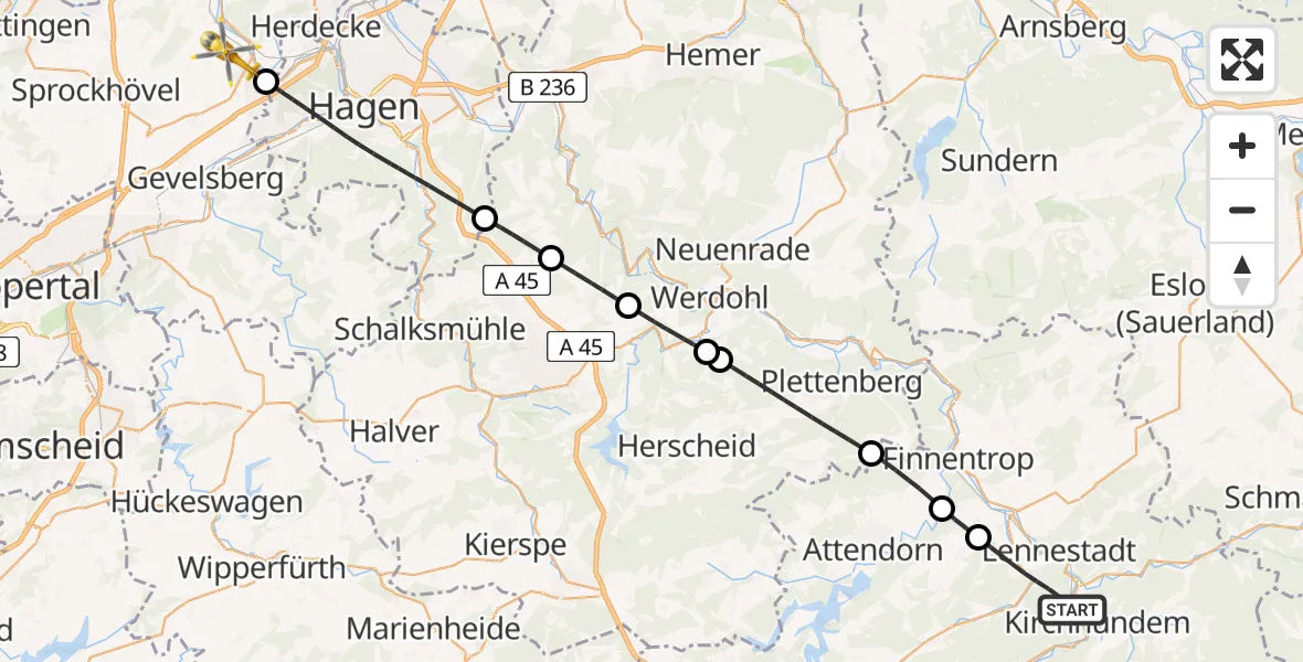 Flugroute Rettungshubschrauber Lennestadt - Wetter (Ruhr), 09 August 2026, 15:56