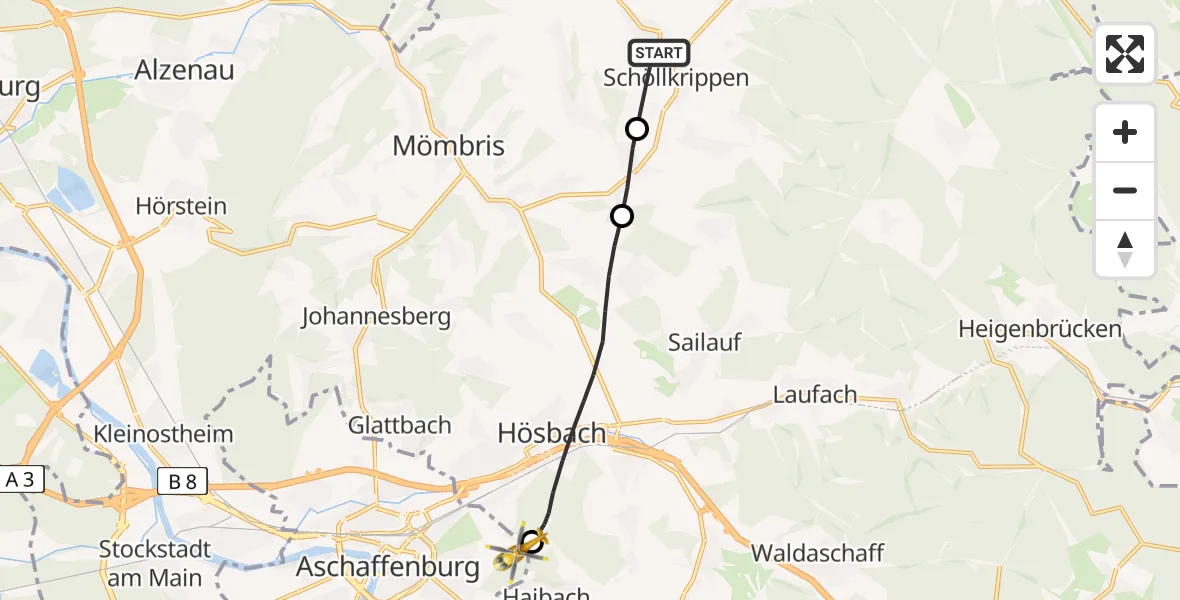 Flugroute Rettungshubschrauber Schöllkrippen - Aschaffenburg Hospital, 09 August 2026, 15:57