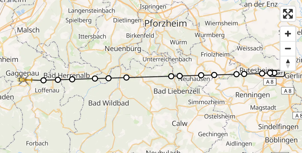 Flugroute Rettungshubschrauber Leonberg Hospital - Gaggenau, 09 August 2026, 15:58