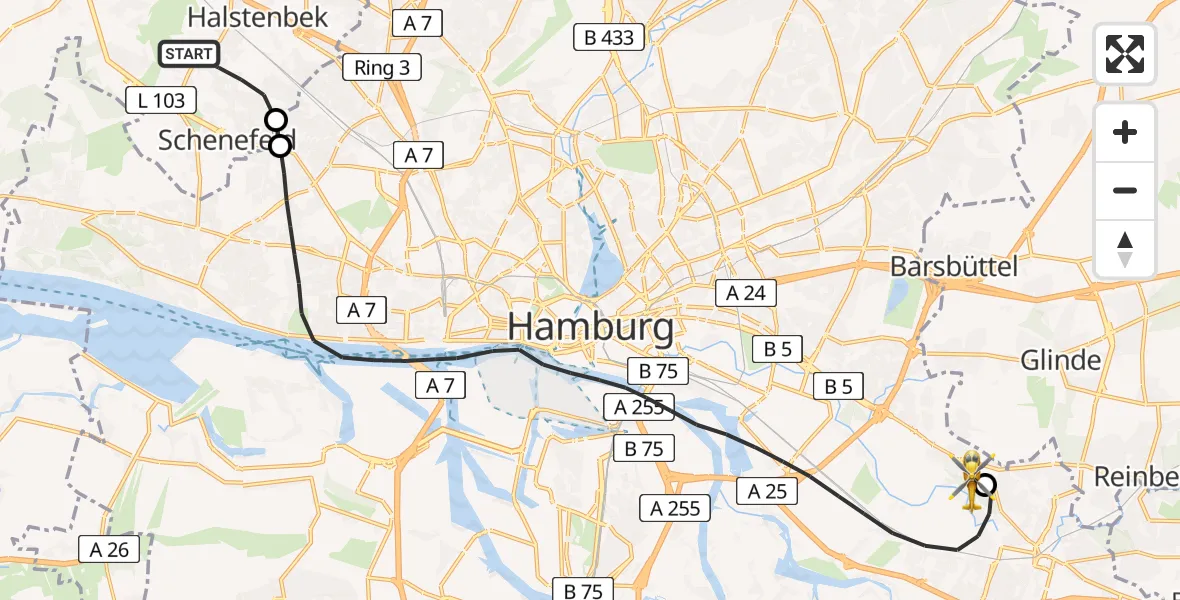 Flugroute Ambulanzhubschrauber Halstenbek - Christoph Hansa ADAC Hubschrauberlandeplatz, 09 August 2026, 16:00