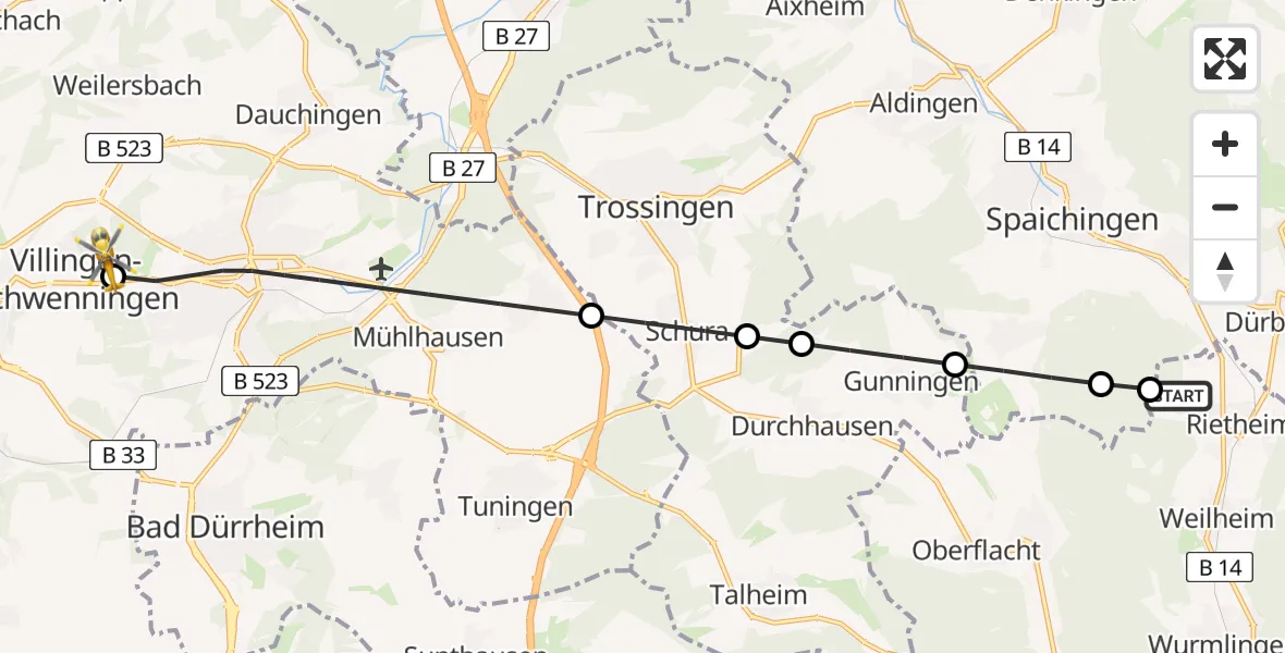 Flugroute Ambulanzhubschrauber Rietheim-Weilheim - DRF Air Rescue Station Villingen-Schwenningen Hubschrauberlandeplatz (Christoph 11), 09 August 2026, 16:01