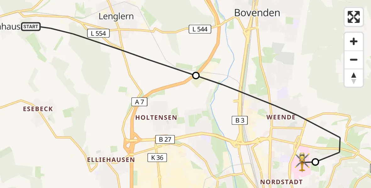 Flugroute Rettungshubschrauber Bovenden - Göttingen University Clinic Hubschrauberlandeplatz, 09 August 2026, 16:03