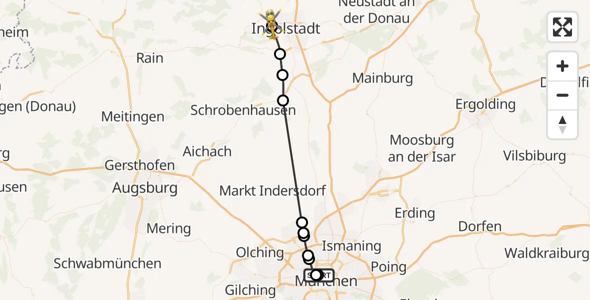 Flugroute Rettungshubschrauber Deutsches Herzzentrum München - Ingolstadt Hospital, 09 August 2026, 16:05
