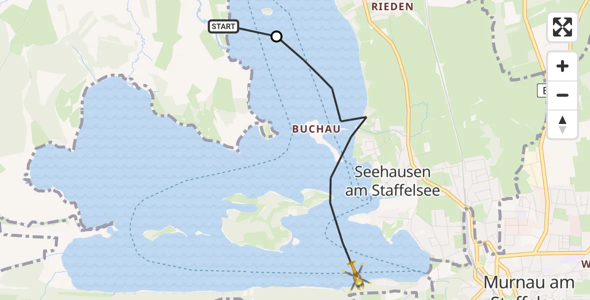 Flugroute Rettungshubschrauber Uffing a.Staffelsee - Seehausen a.Staffelsee, 09 August 2026, 16:07
