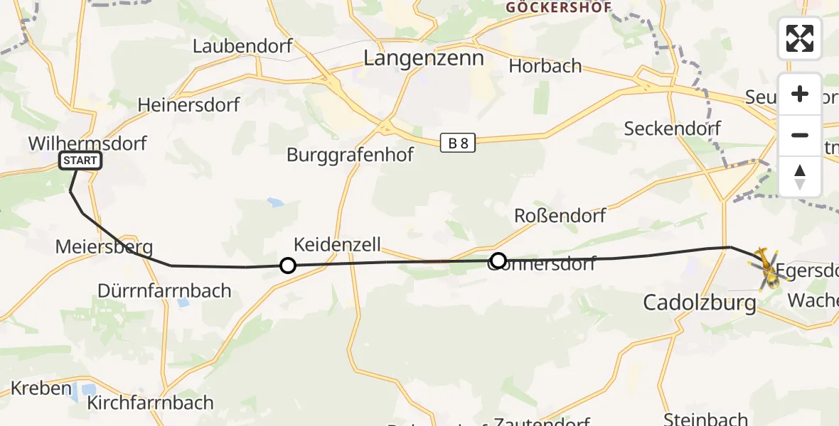 Flugroute Ambulanzhubschrauber Wilhermsdorf - Cadolzburg, 09 August 2026, 16:07