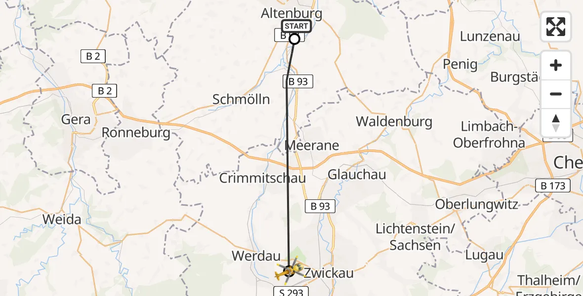 Flugroute Rettungshubschrauber Altenburg - ADAC Air Rescue Station Zwickau Hubschrauberlandeplatz, 09 August 2026, 16:10