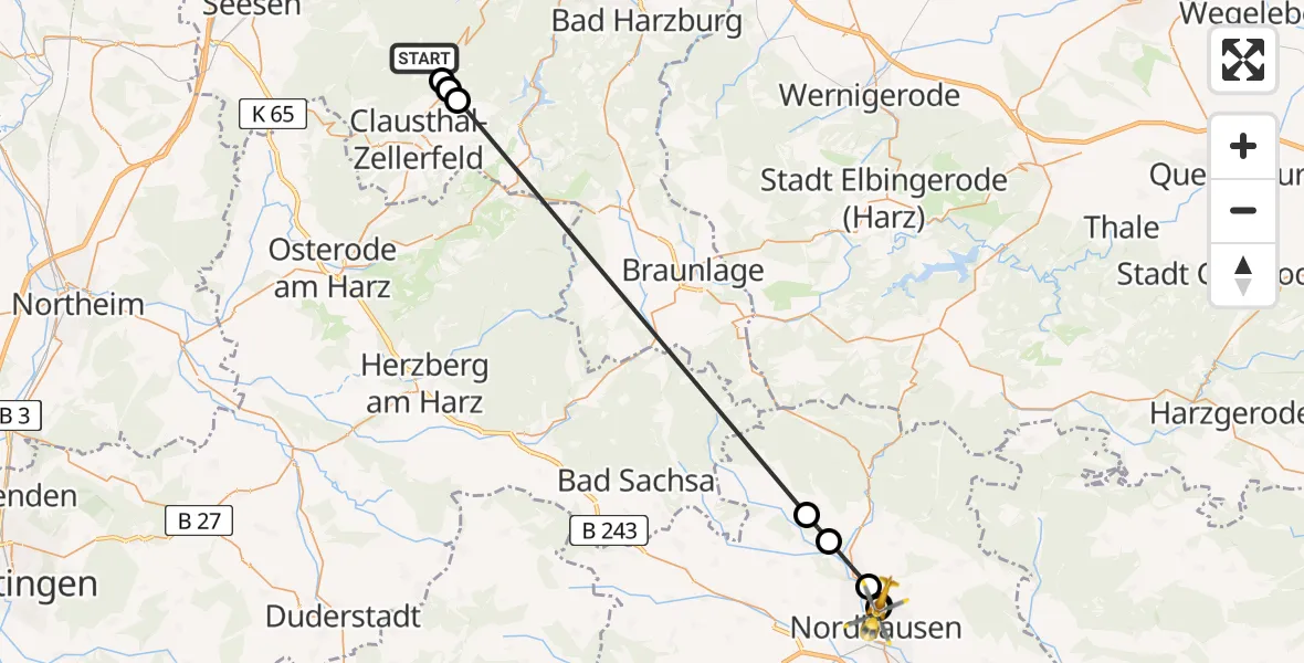Flugroute Rettungshubschrauber Goslar - Südharz Hospital Nordhausen, 09 August 2026, 16:11