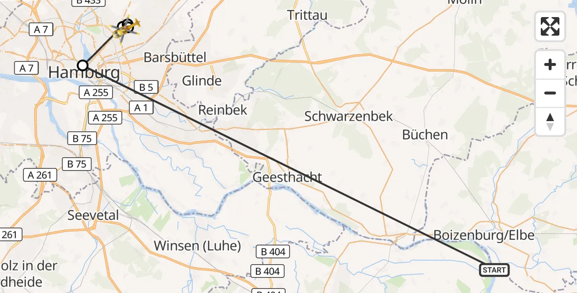 Flugroute Rettungshubschrauber Bleckede - Hamburg Military Hospital, 09 August 2026, 16:21