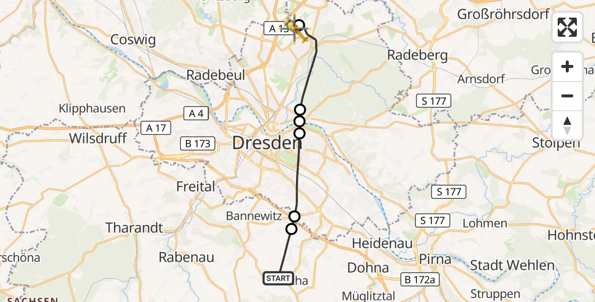 Flugroute Rettungshubschrauber Kreischa - Dresden Bundespolizei Hubschrauberlandeplatz, 09 August 2026, 16:21
